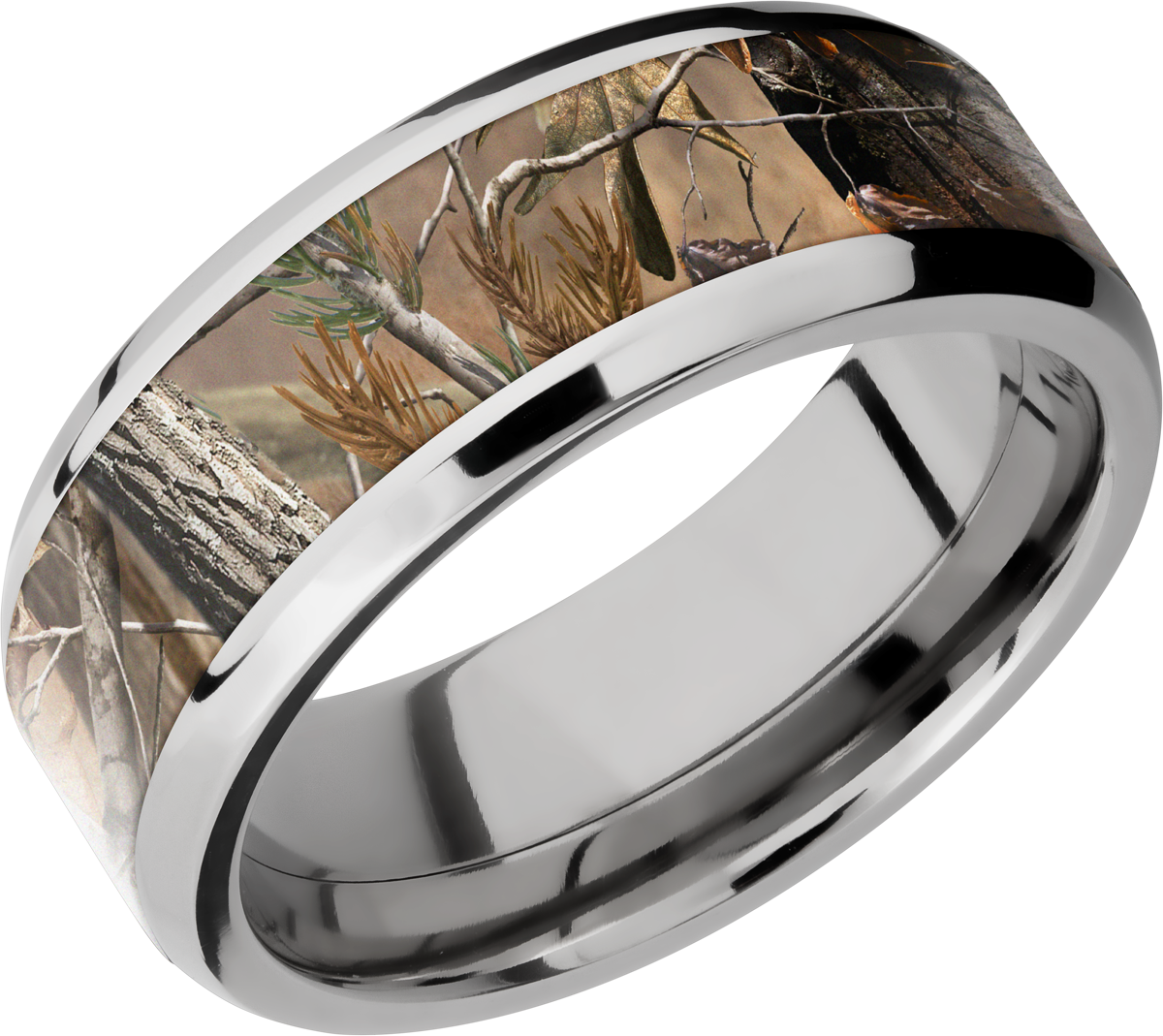 titanium 8mm beveled band with a 5mm inlay real tree ap camo