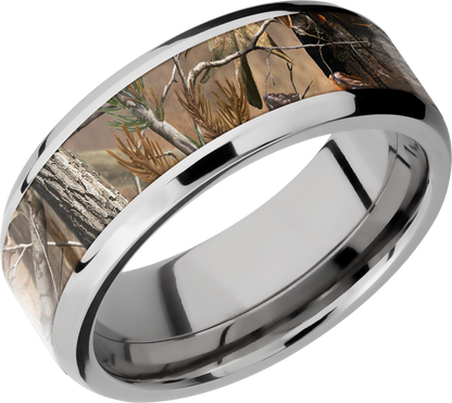 Titanium 8mm beveled band with a 5mm inlay Real Tree AP Camo