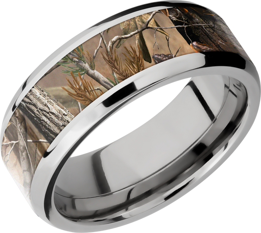 Titanium 8mm beveled band with a 5mm inlay Real Tree AP Camo