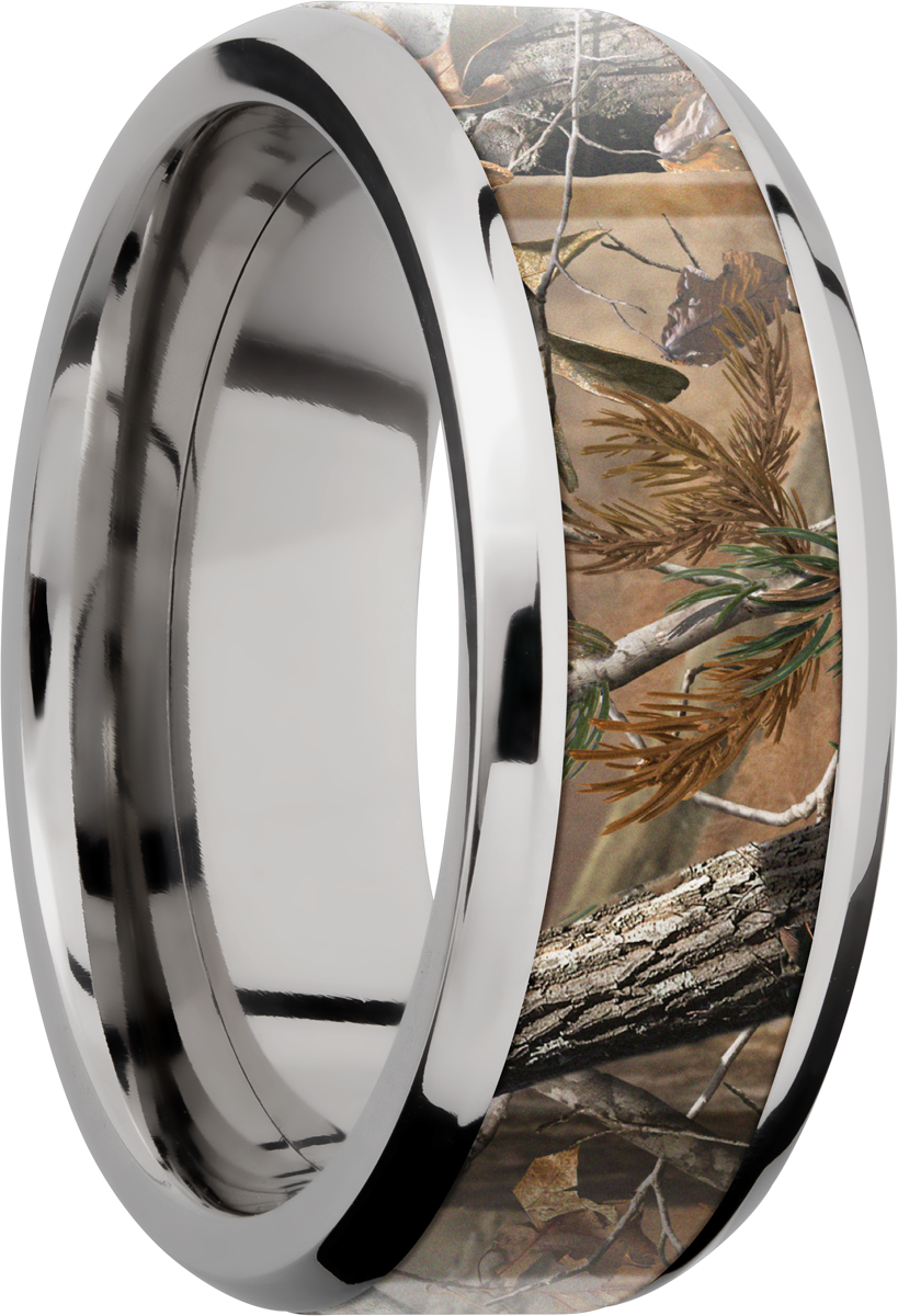 titanium 8mm beveled band with a 5mm inlay real tree ap camo