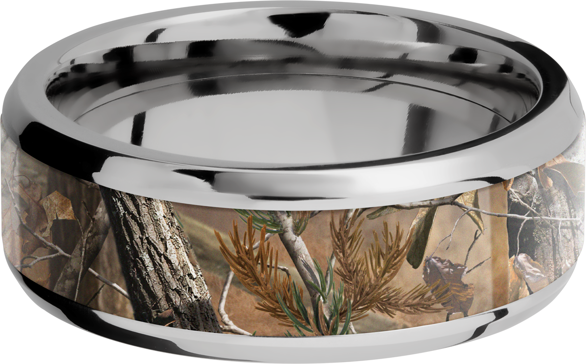 titanium 8mm beveled band with a 5mm inlay real tree ap camo