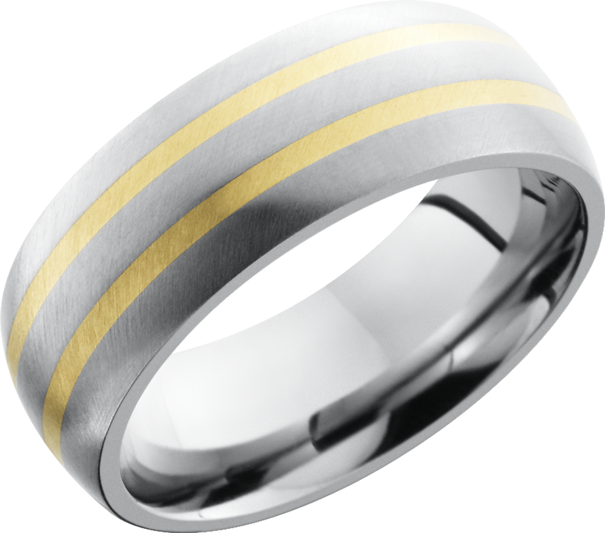 titanium 8mm domed band with 2, 1mm inlays of 14k yellow gold