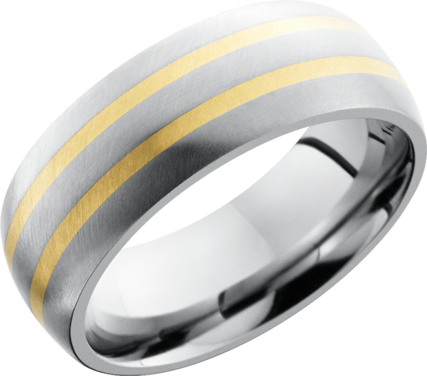 Titanium 8mm domed band with 2, 1mm inlays of 14K yellow gold