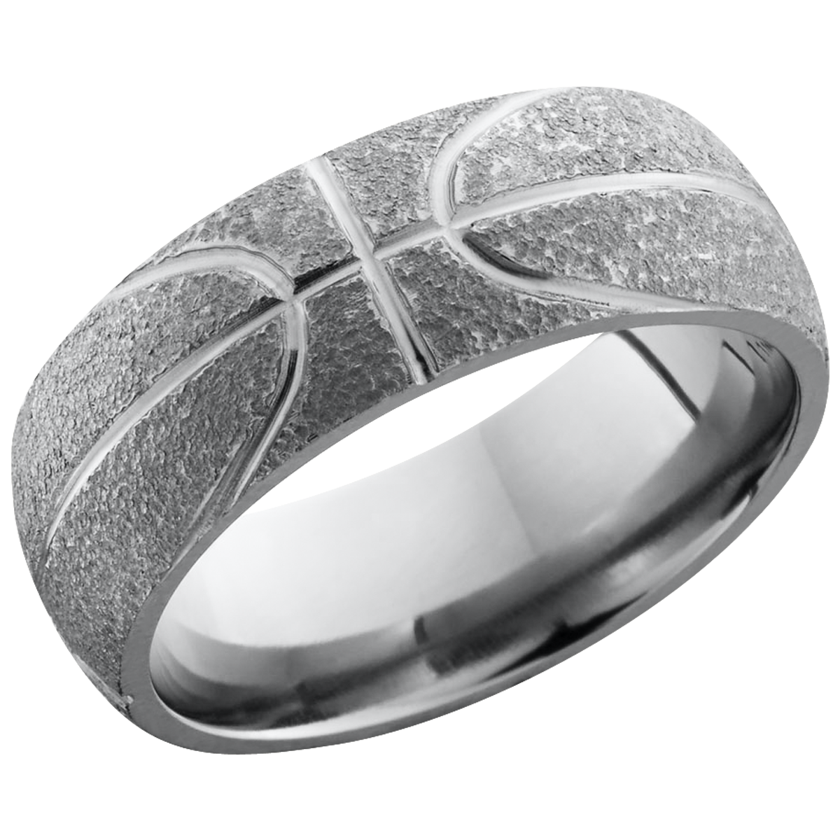 titanium 8mm domed band with a laser-carved basketball pattern