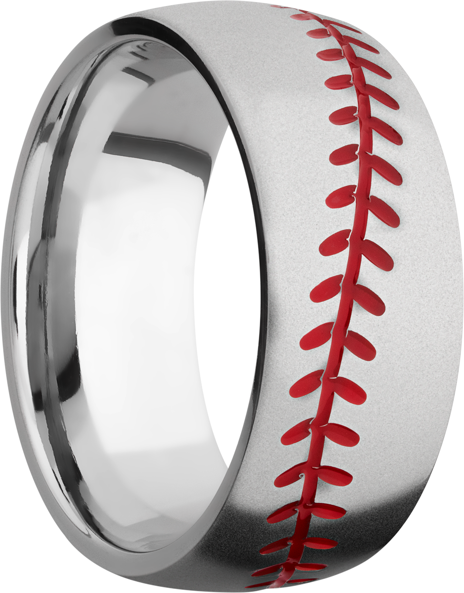 titanium 8mm domed band with a laser-carved baseball stitching pattern and cerakote in the pattern recesses