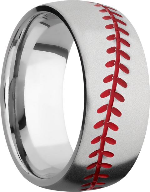 Titanium 8mm domed band with a laser-carved baseball stitching pattern and Cerakote in the pattern recesses