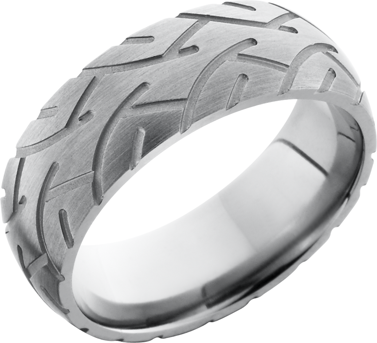 titanium 8mm domed band with a laser-carved cycle pattern