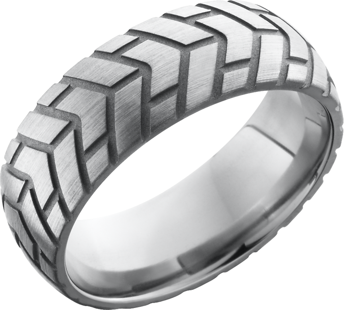 titanium 8mm domed band with a laser-carved cycle pattern