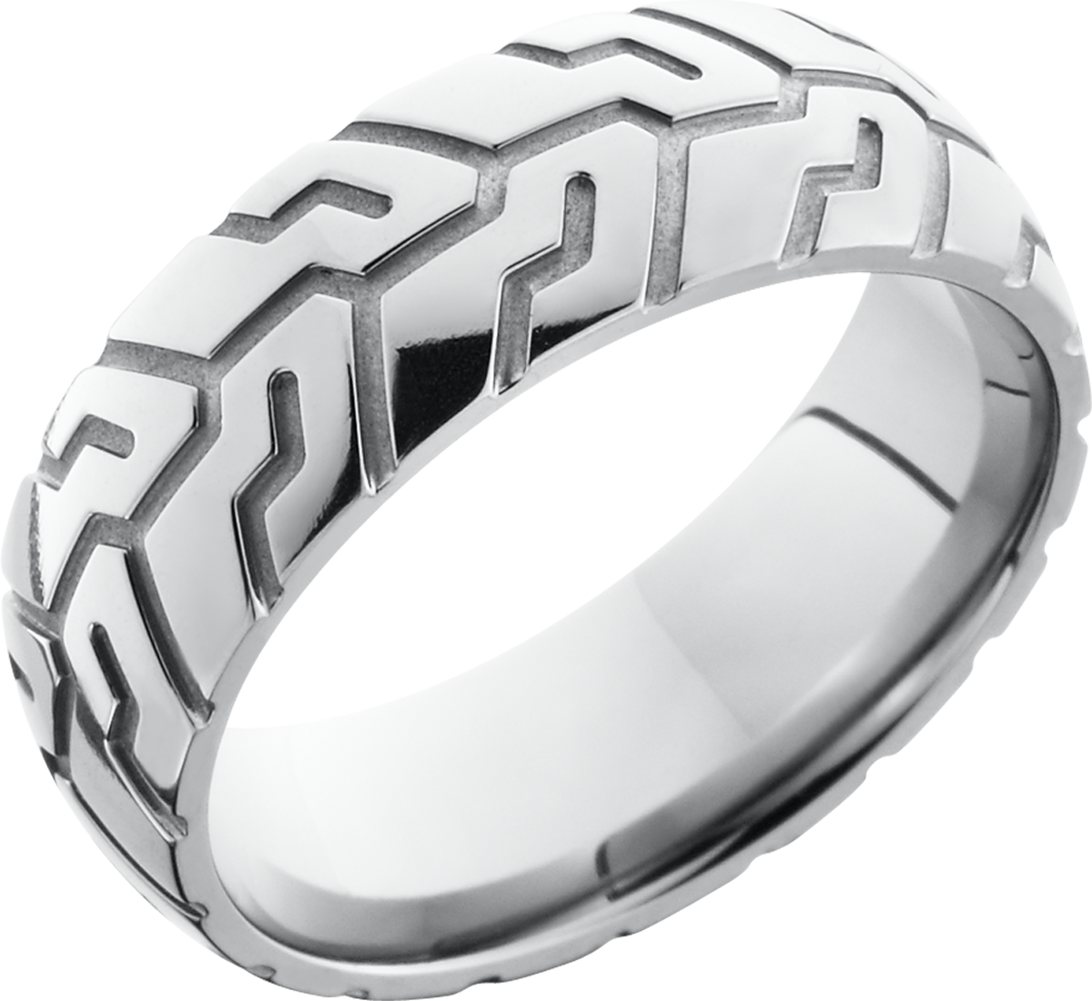 titanium 8mm domed band with a laser-carved cycle pattern