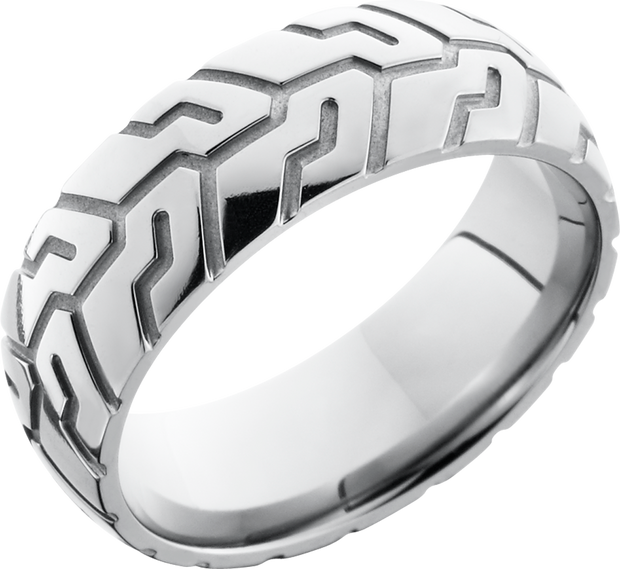Titanium 8mm domed band with a laser-carved cycle pattern