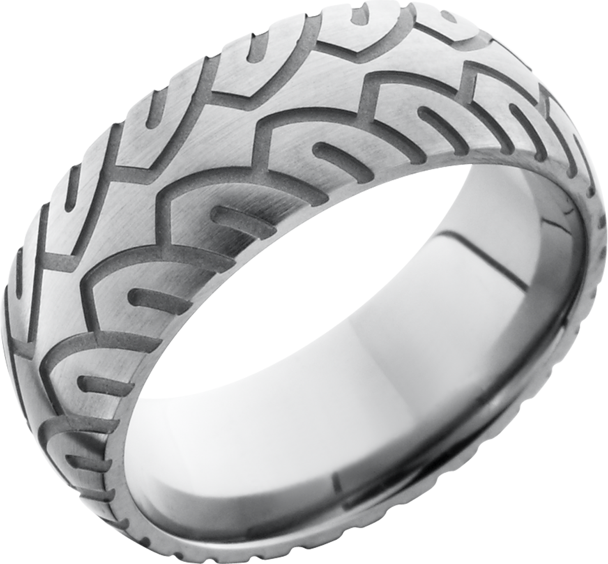 titanium 8mm domed band with a laser-carved cycle pattern