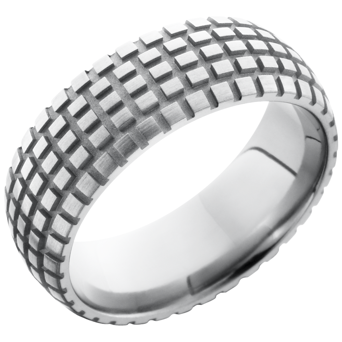 titanium 8mm domed band with a laser-carved cycle pattern