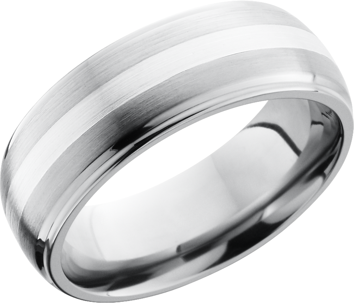 titanium 8mm domed band with grooved edges and a 2mm inlay of sterling silver