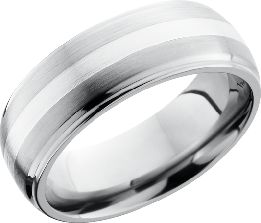 Titanium 8mm domed band with grooved edges and a 2mm inlay of sterling silver