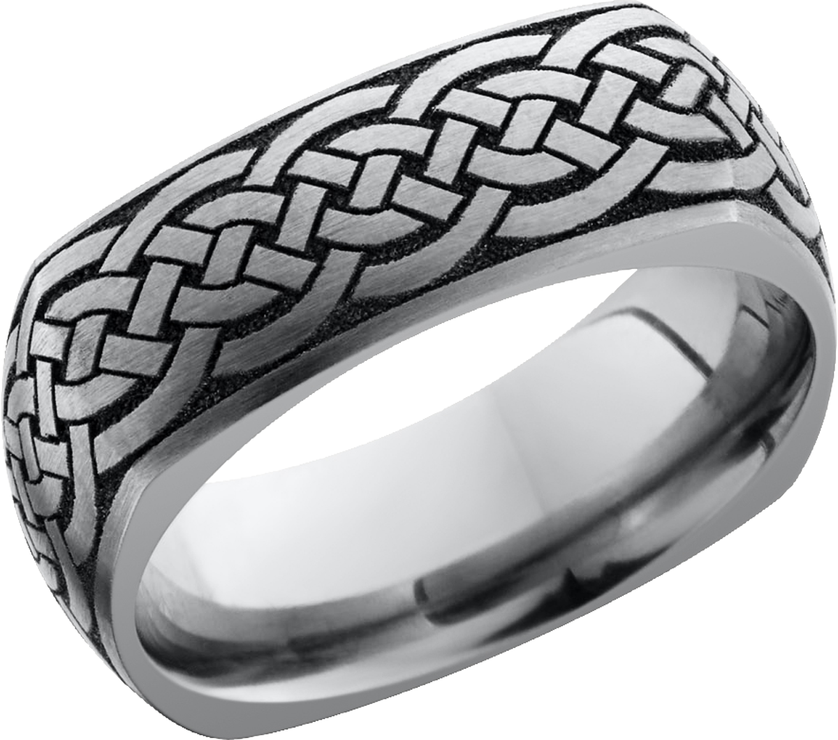 titanium 8mm domed square band with a laser-carved celtic pattern