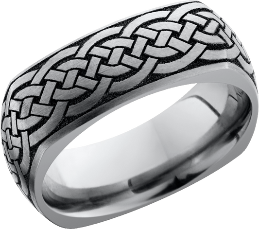 Titanium 8mm domed square band with a laser-carved celtic pattern