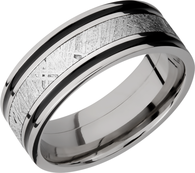 Titanium 8mm flat band with an inlay of authentic Gibeon Meteorite