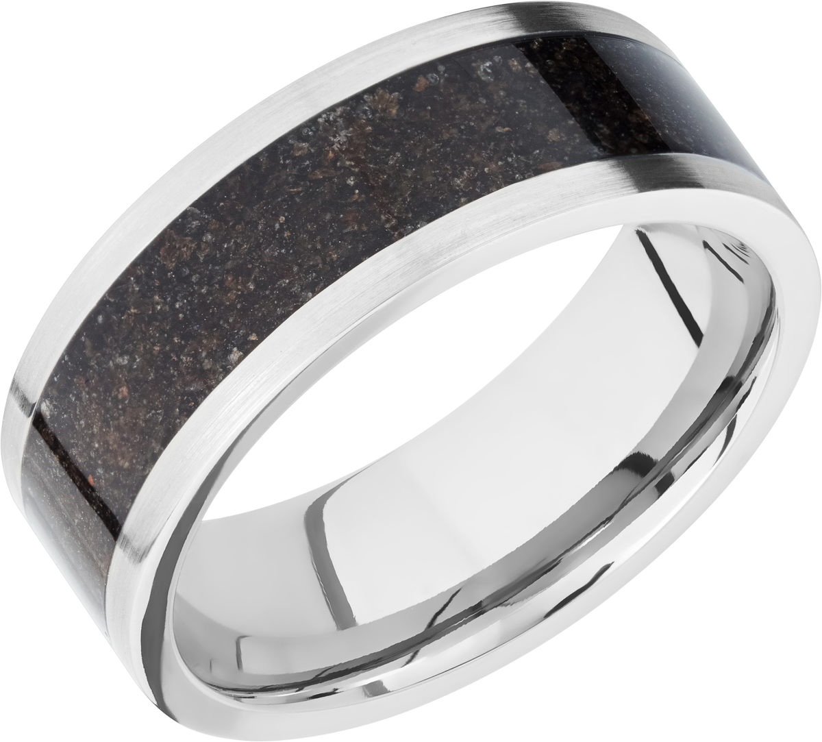 titanium 8mm flat band with a mosaic inlay of black dinosaur bone