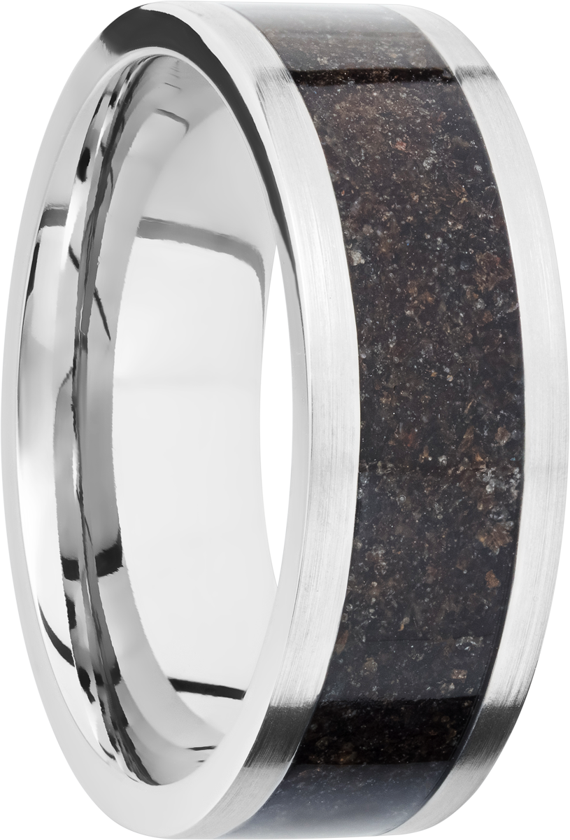 titanium 8mm flat band with a mosaic inlay of black dinosaur bone