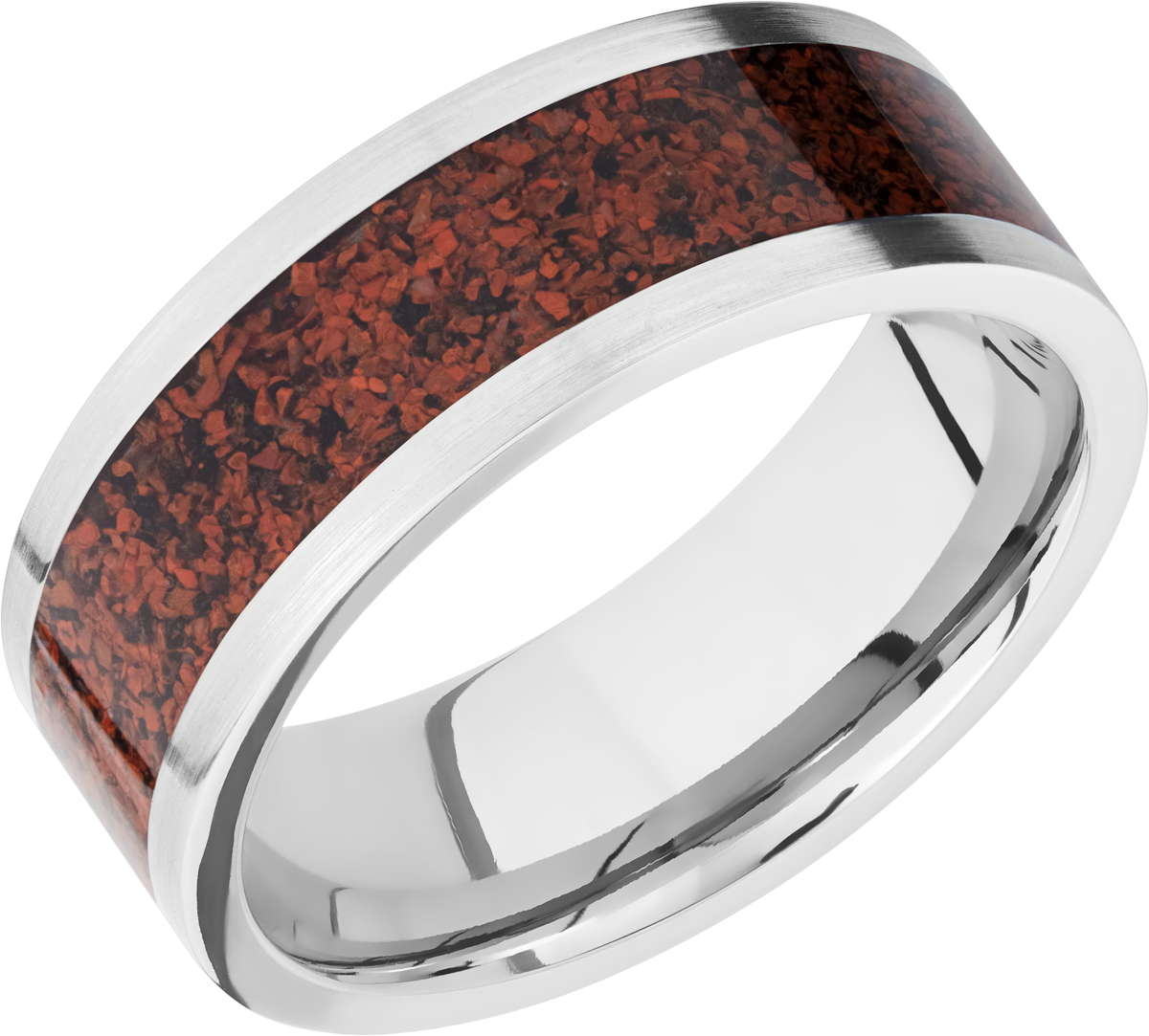 titanium 8mm flat band with a mosaic inlay of red dinosaur bone