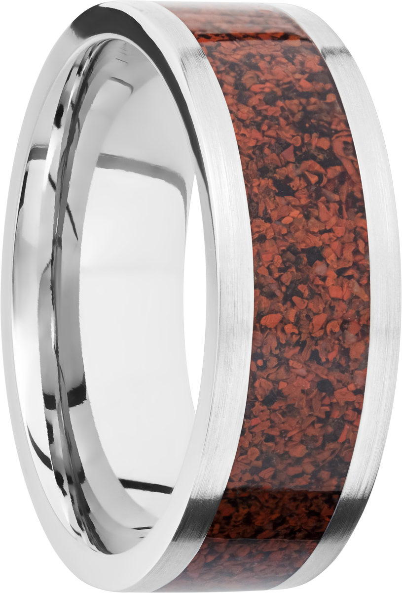 titanium 8mm flat band with a mosaic inlay of red dinosaur bone