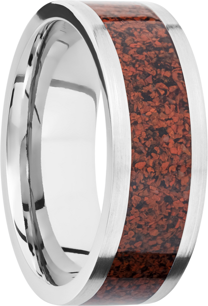 Titanium 8mm flat band with a mosaic inlay of red dinosaur bone