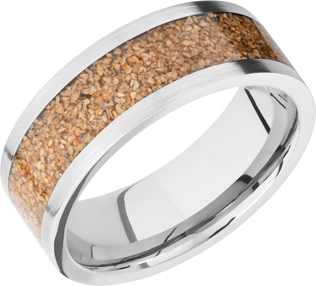 titanium 8mm flat band with a mosaic inlay of tan dinosaur bone