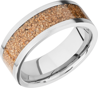 Titanium 8mm flat band with a mosaic inlay of tan dinosaur bone