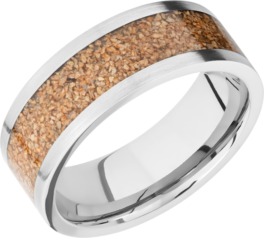 Titanium 8mm flat band with a mosaic inlay of tan dinosaur bone