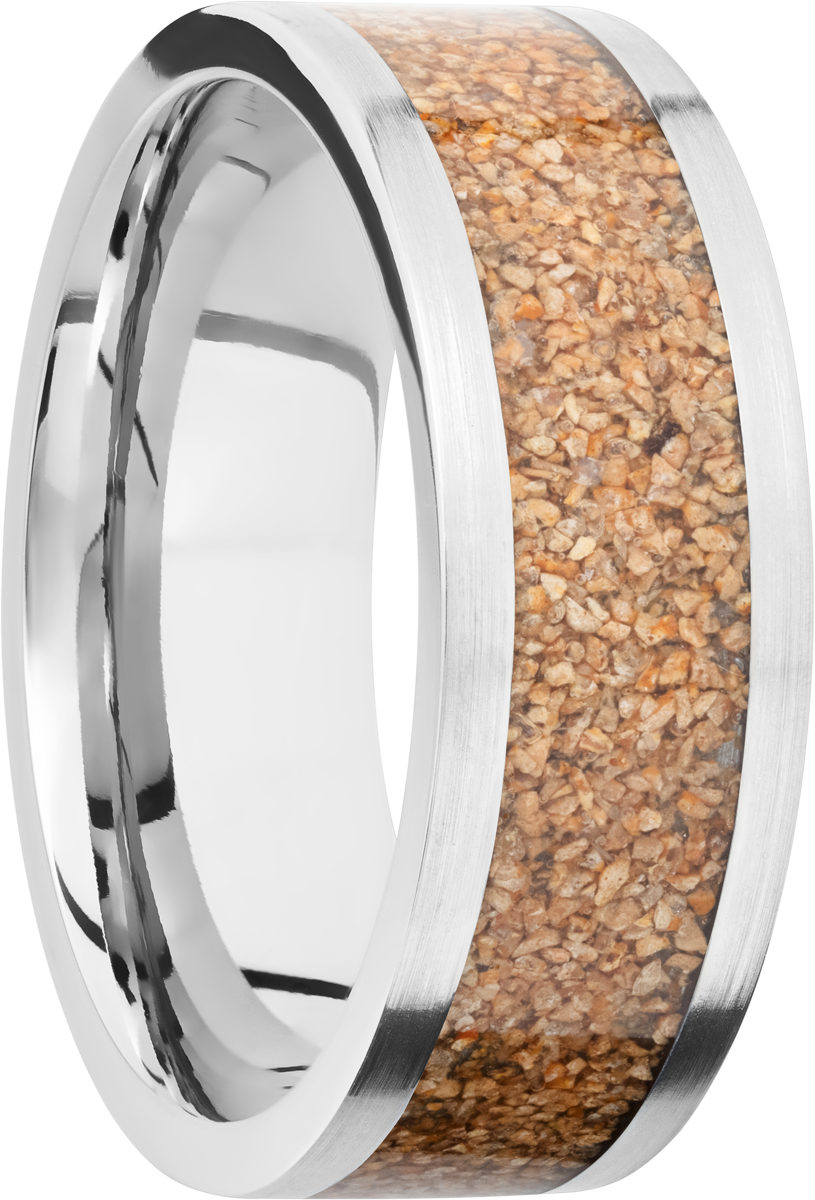 titanium 8mm flat band with a mosaic inlay of tan dinosaur bone