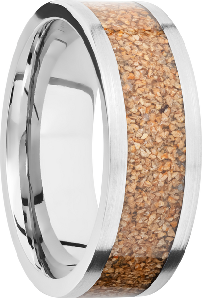 Titanium 8mm flat band with a mosaic inlay of tan dinosaur bone