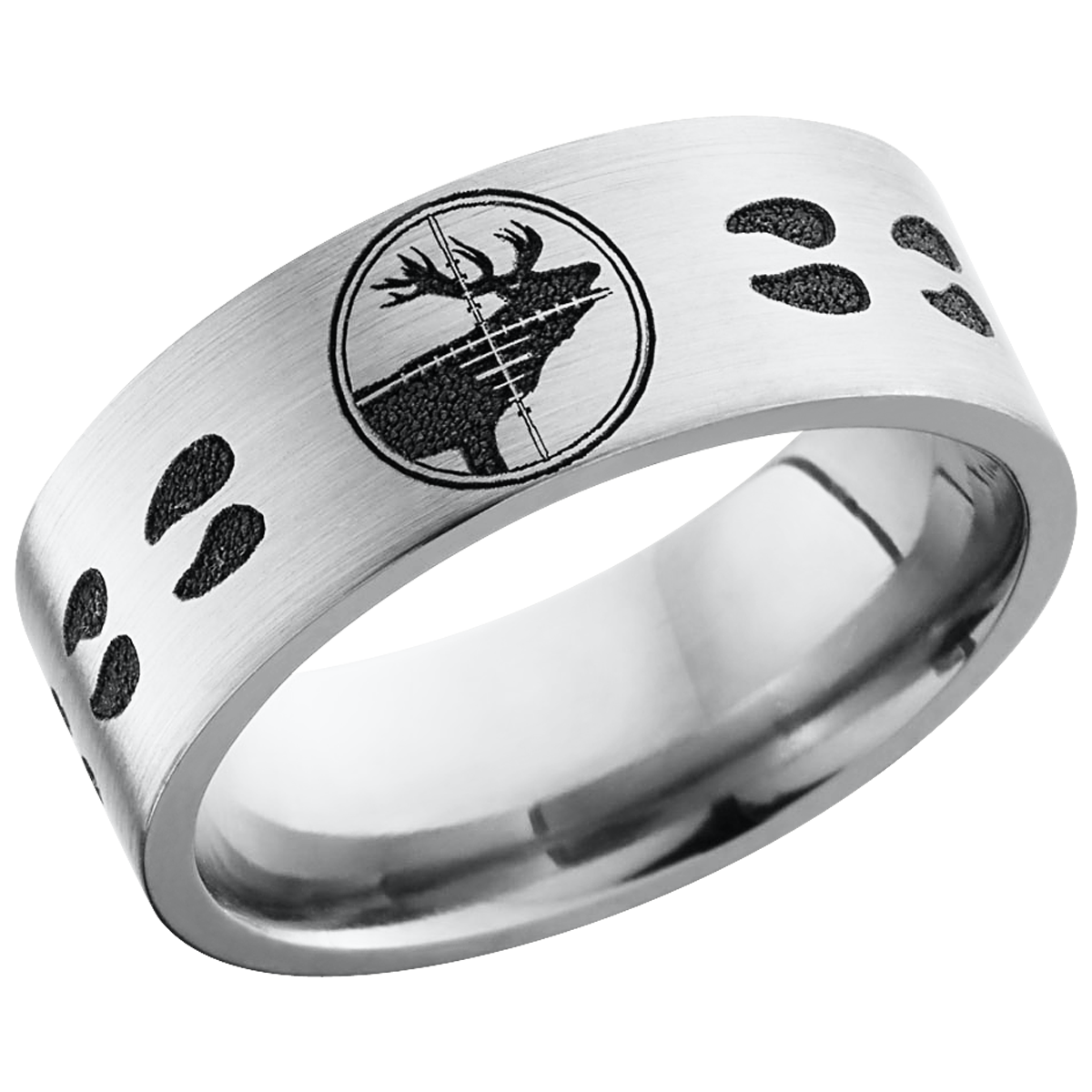 titanium 8mm flat band with a laser-carved elk target and elk track pattern