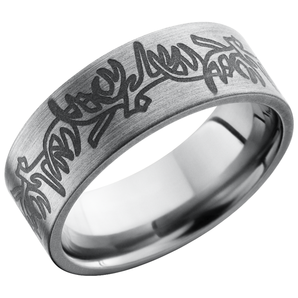 titanium 8mm flat band with a laser-carved antler pattern