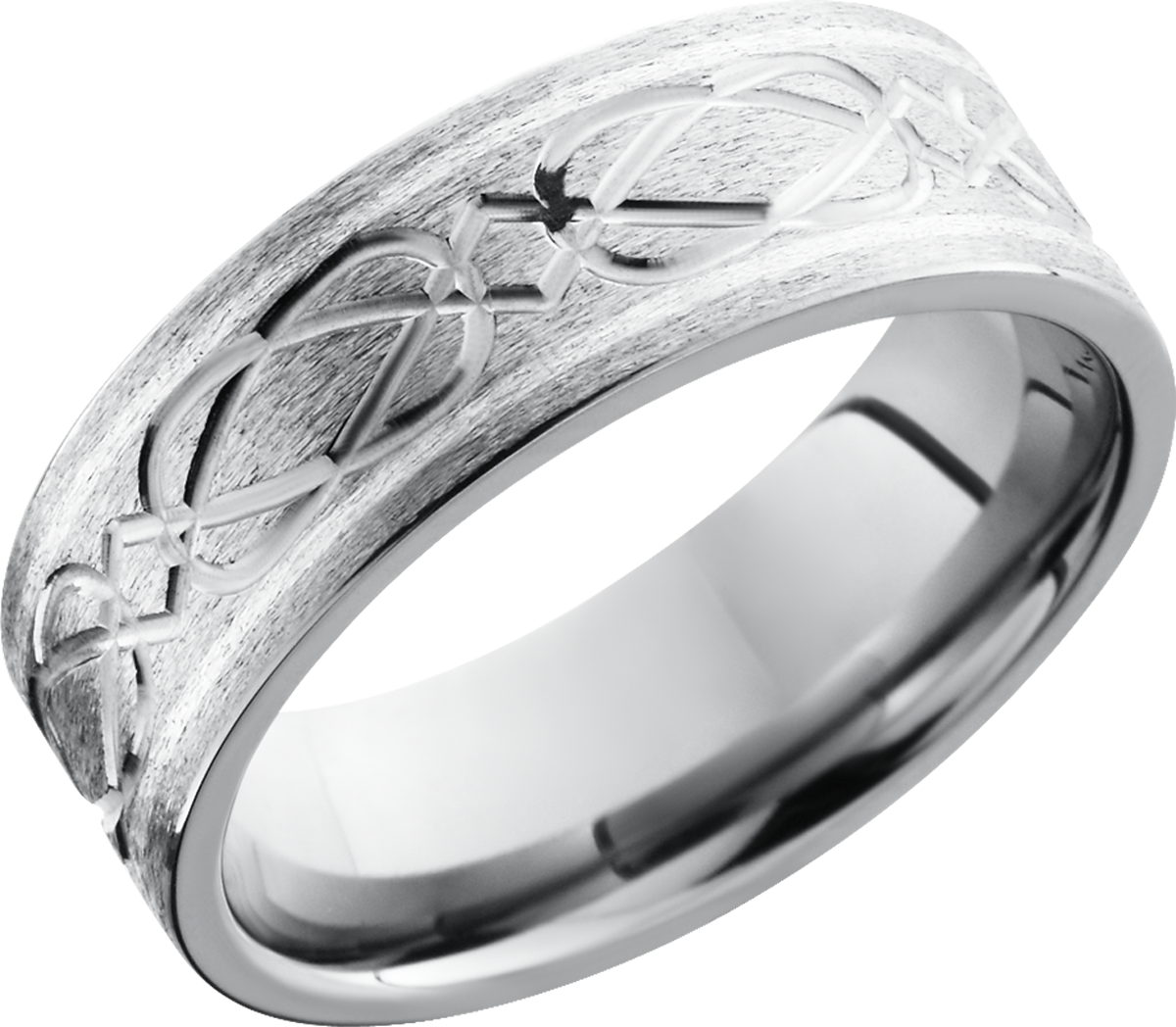 titanium 8mm flat band with a laser-carved celtic weave pattern in a sterling silver inlay