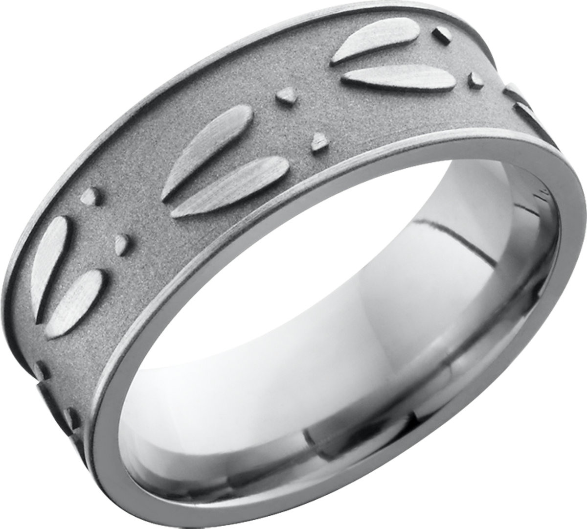 titanium 8mm flat band with a reverse laser-carving of deer tracks