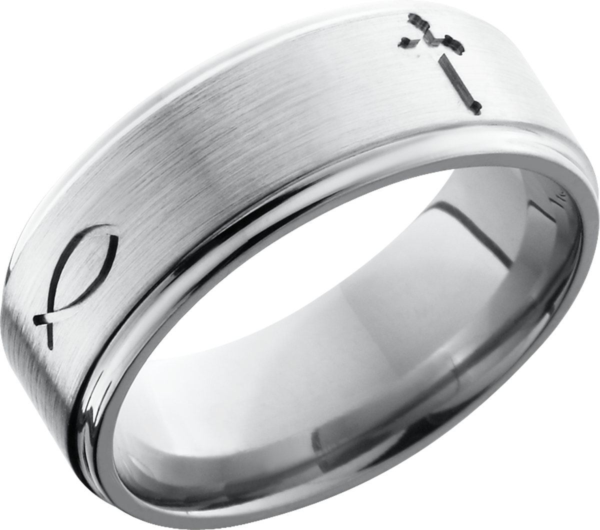 titanium 8mm flat band with grooved edges and a laser-carved cross pattern