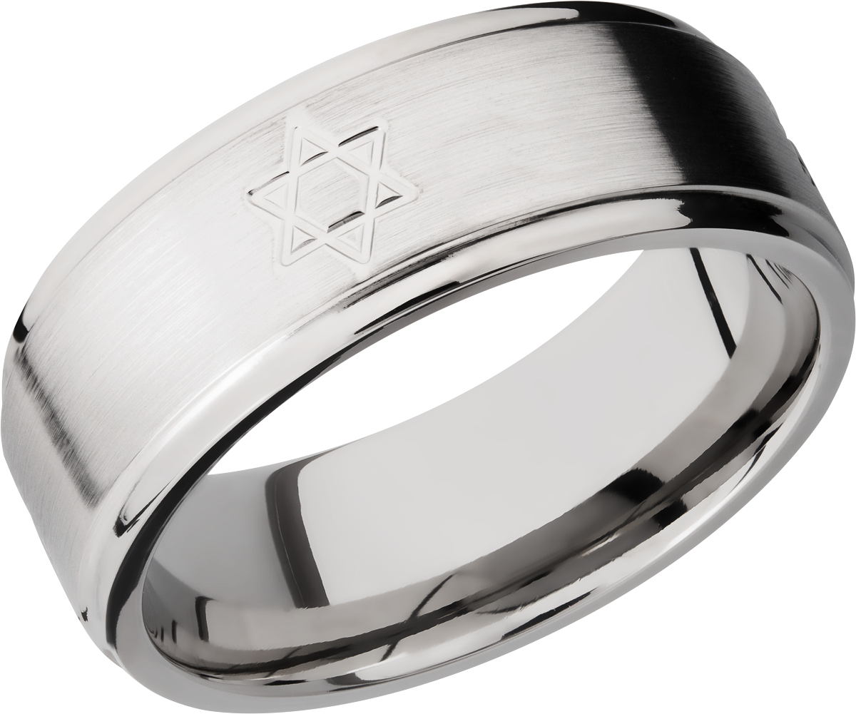 titanium 8mm flat band with grooved edges and a laser-carved star pattern