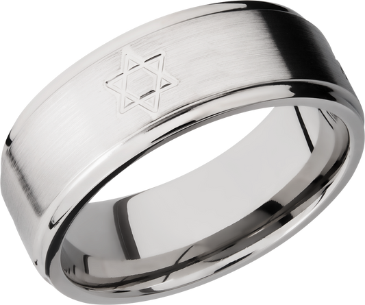 Titanium 8mm flat band with grooved edges and a laser-carved star pattern