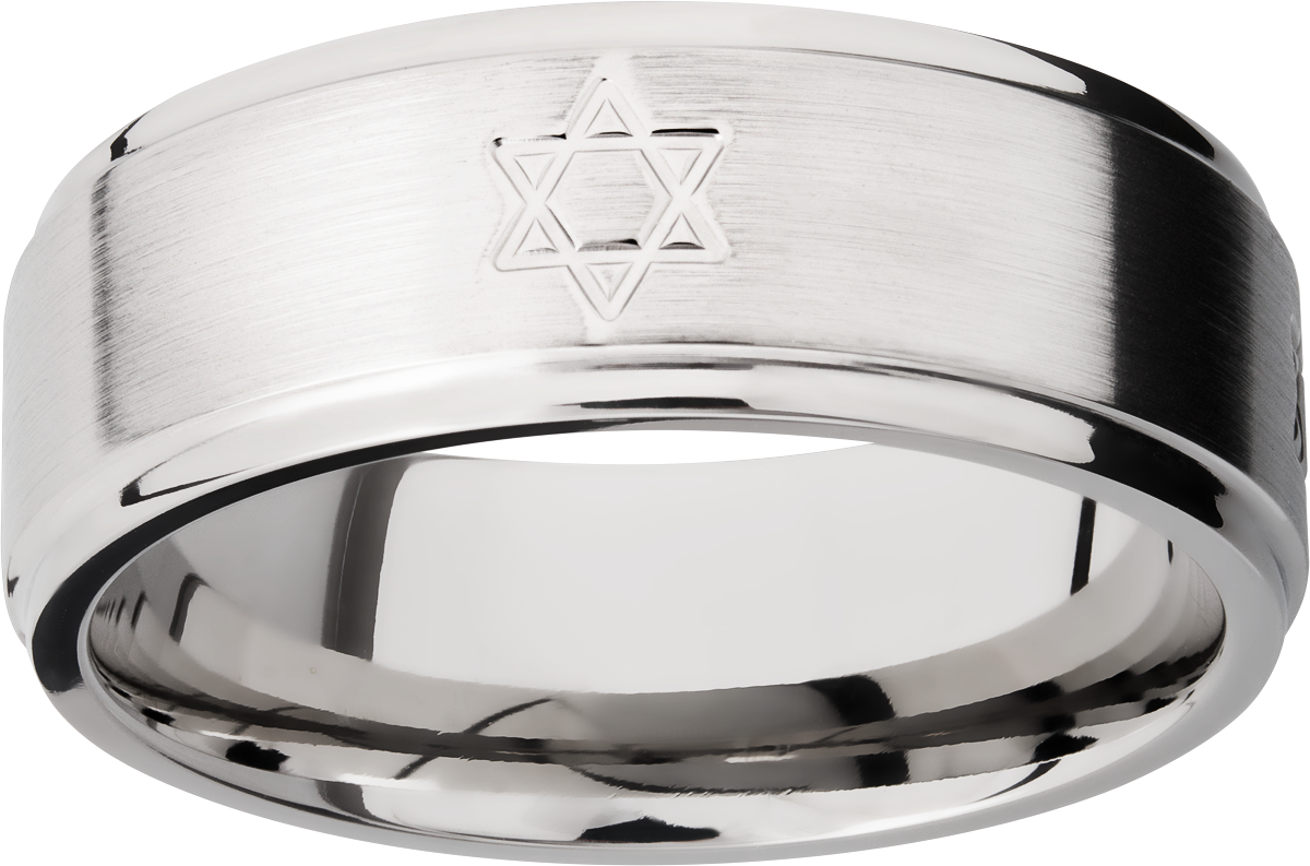 titanium 8mm flat band with grooved edges and a laser-carved star pattern