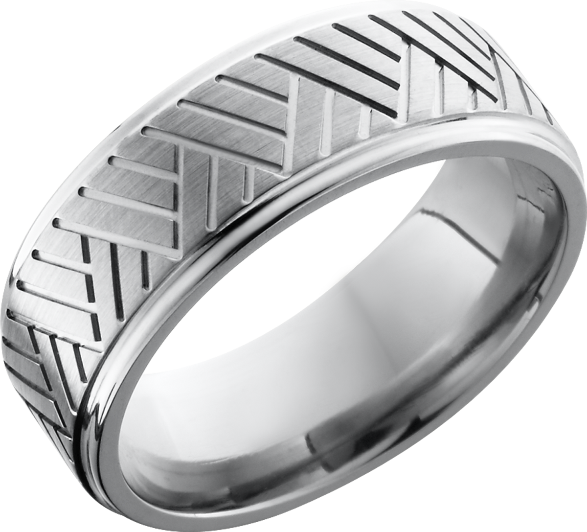 titanium 8mm flat band with a laser-carved basket weave pattern