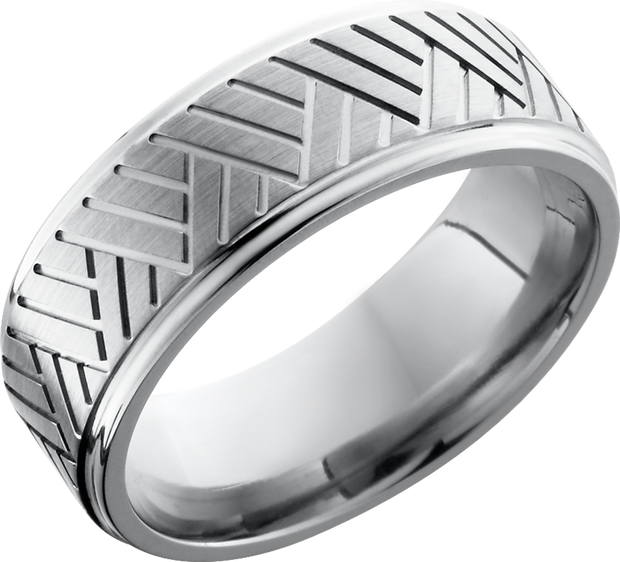 Titanium 8mm flat band with a laser-carved basket weave pattern