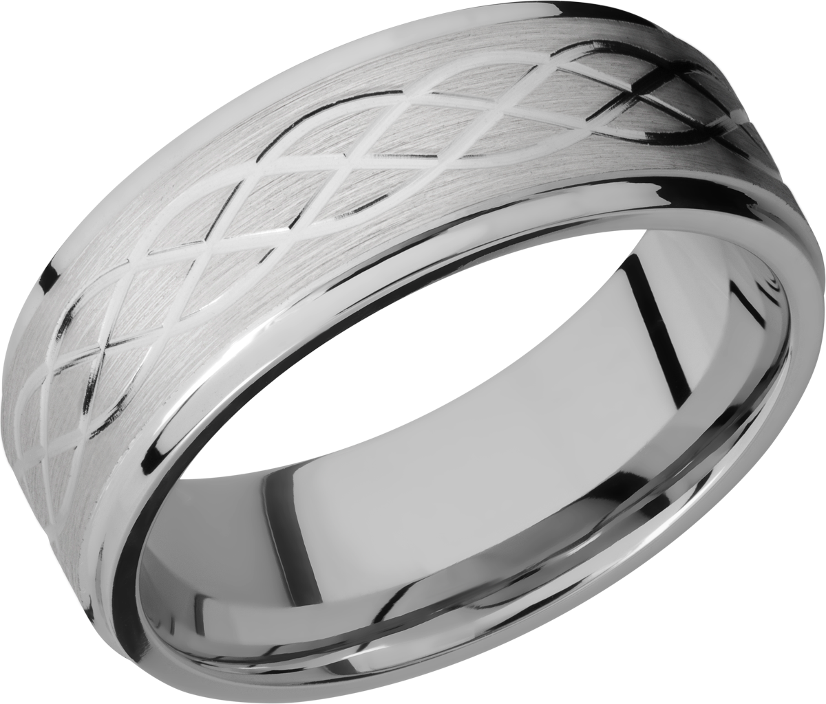 titanium 8mm flat band with grooved edges and a laser-carved celtic pattern