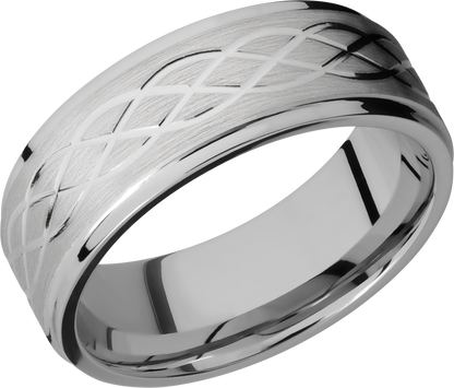 Titanium 8mm flat band with grooved edges and a laser-carved celtic pattern