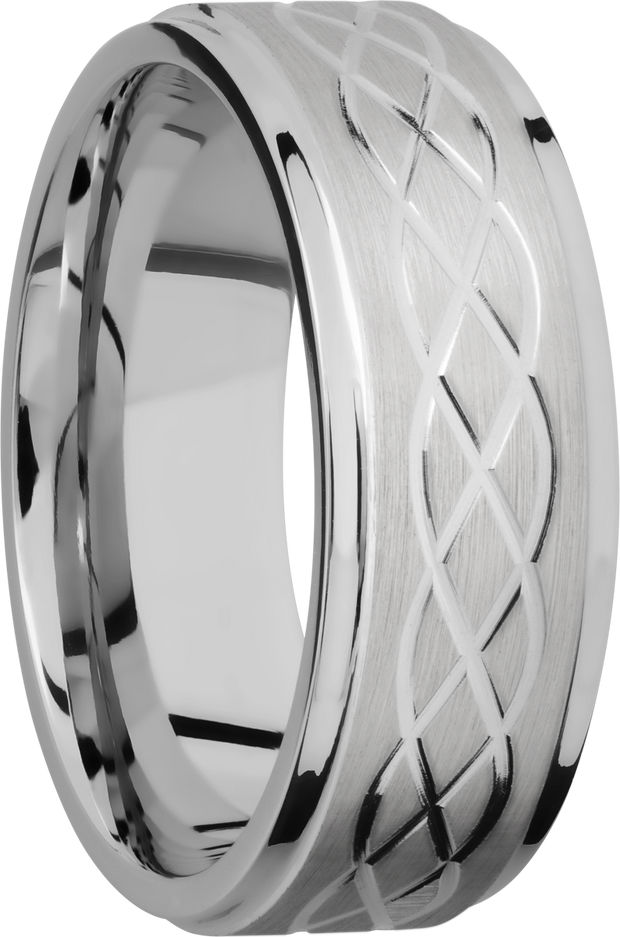 Titanium 8mm flat band with grooved edges and a laser-carved celtic pattern