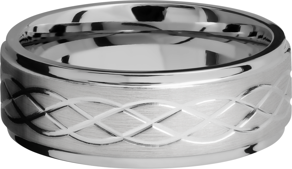 titanium 8mm flat band with grooved edges and a laser-carved celtic pattern