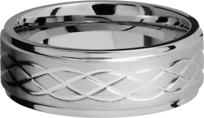 Titanium 8mm flat band with grooved edges and a laser-carved celtic pattern