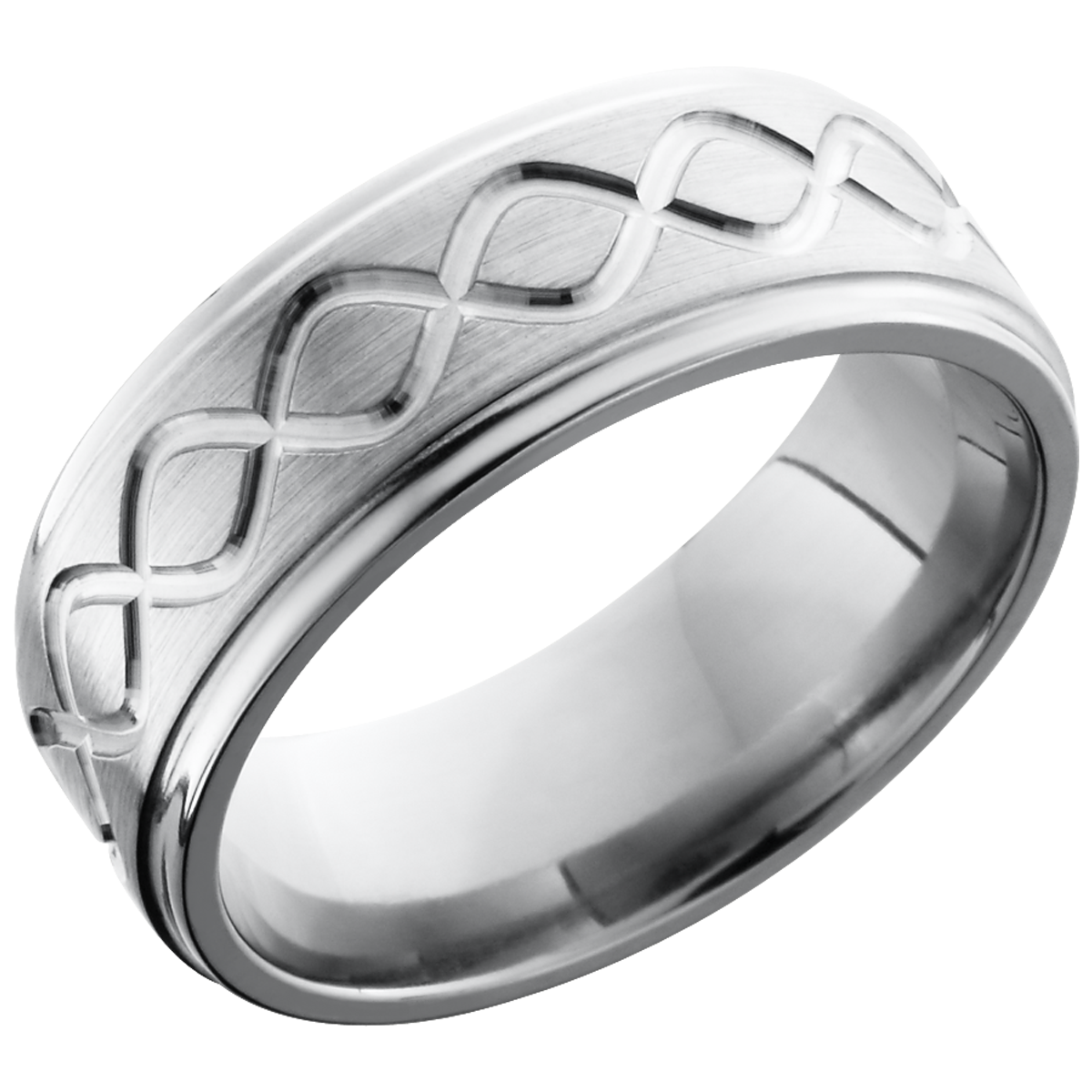 titanium 8mm flat band with grooved edges and a laser-carved tall infinity pattern