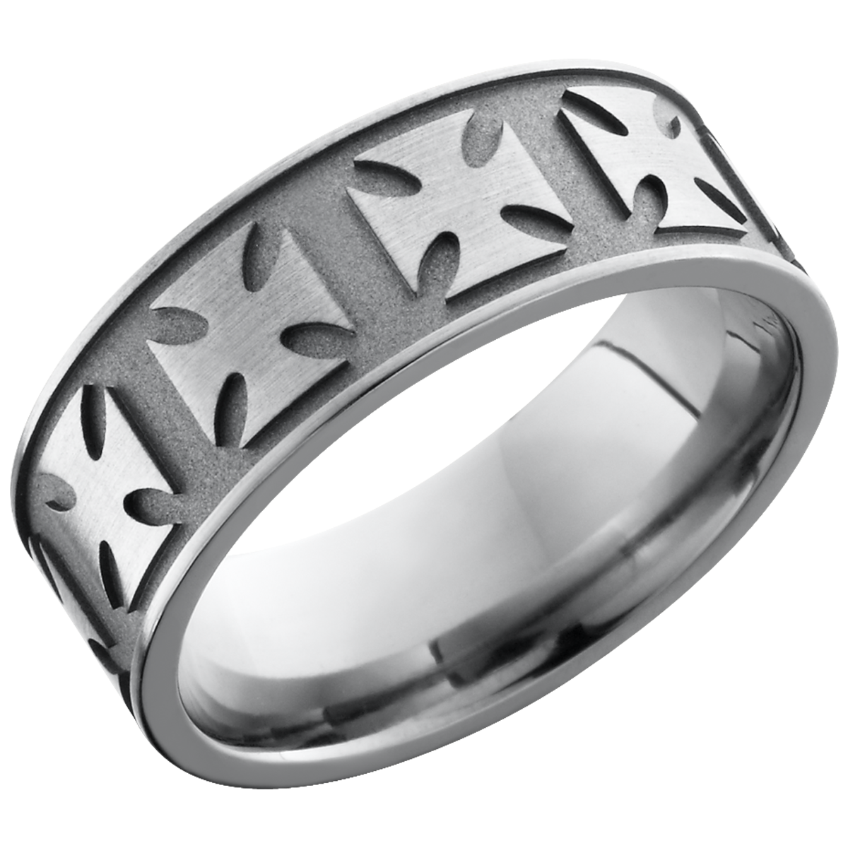 titanium 8mm flat band with grooved edges and a laser-carved maltese pattern