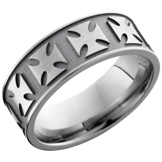 Titanium 8mm flat band with grooved edges and a laser-carved maltese pattern