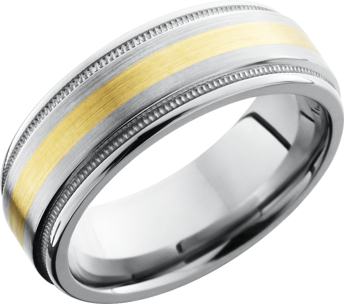 titanium 8mm flat band with rounded edges and an  inlay of 14k yellow gold